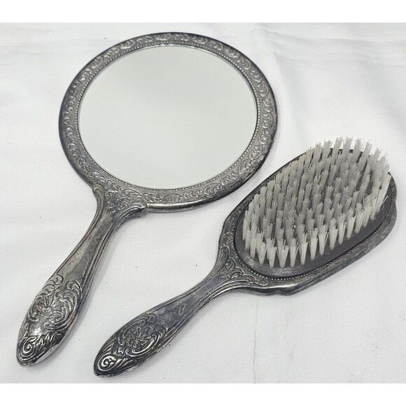 Source Unknown Other - Vtg Silverplate Vanity Set 8" Brush & 9" Hand Mirror Floral Ornate Design Heavy